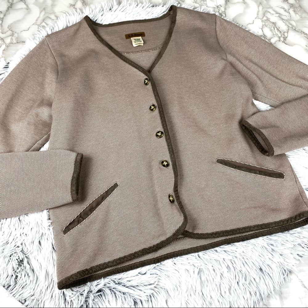 L.L. Bean Taupe Thick Knit Suede Trim Cardigan Jacket EUC
